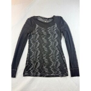 BKE‎ Boutique Long Sleeve Mesh Top Black Silver Geometric Pattern Party